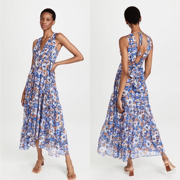 Misa Los Angeles Dominika Dress Pansy Print Floral Blue Orange Maxi Dress - Picture 2 of 10